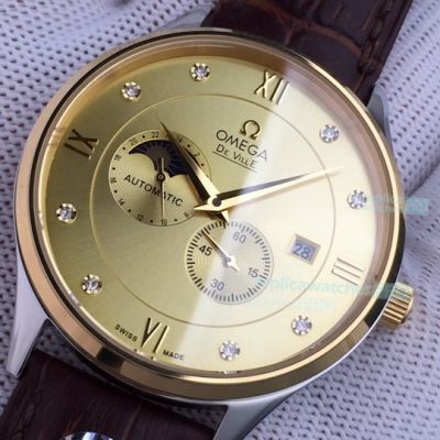 JH Factory Copy Swiss Omega Moonphase Watch Yellow Dial Brown Leather Strap 40mm